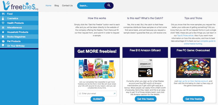 Screenshot of freebies website