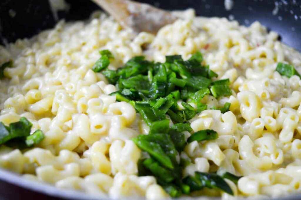 Fold in Poblano Peppers to Mac and Cheese