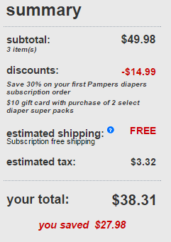 total of pampers order